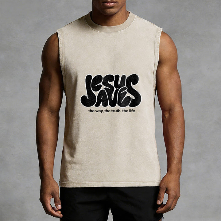 Christianartworkshop Jesus Saves Retro Unisex Washed Tank Top - image 4