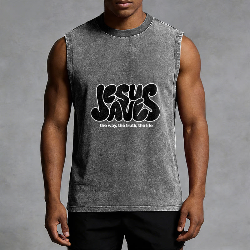 Christianartworkshop Jesus Saves Retro Unisex Washed Tank Top - image 1