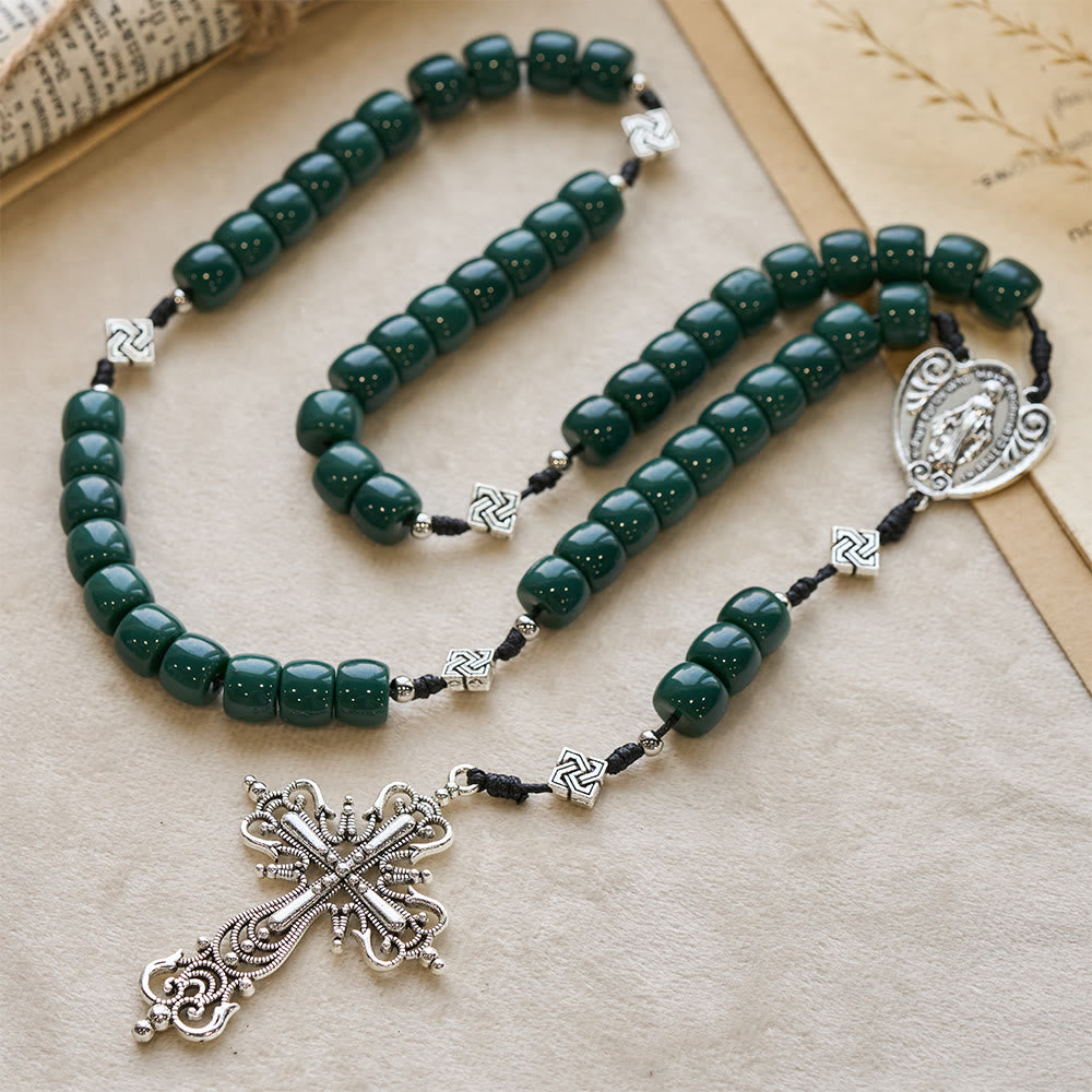 Christianartworkshop Vintage Celtic Knot Olive Green Rosary with Vintage Silver Crucifix - image 2