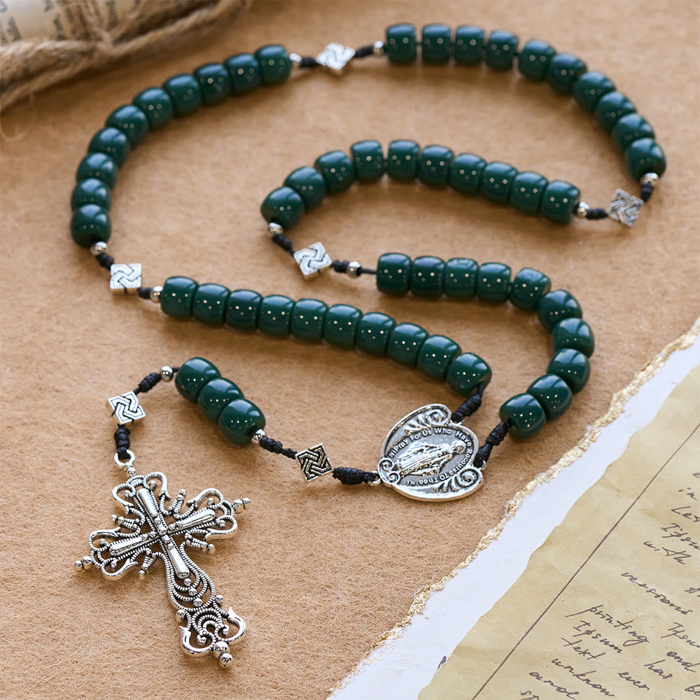 Christianartworkshop Vintage Celtic Knot Olive Green Rosary with Vintage Silver Crucifix - image 3
