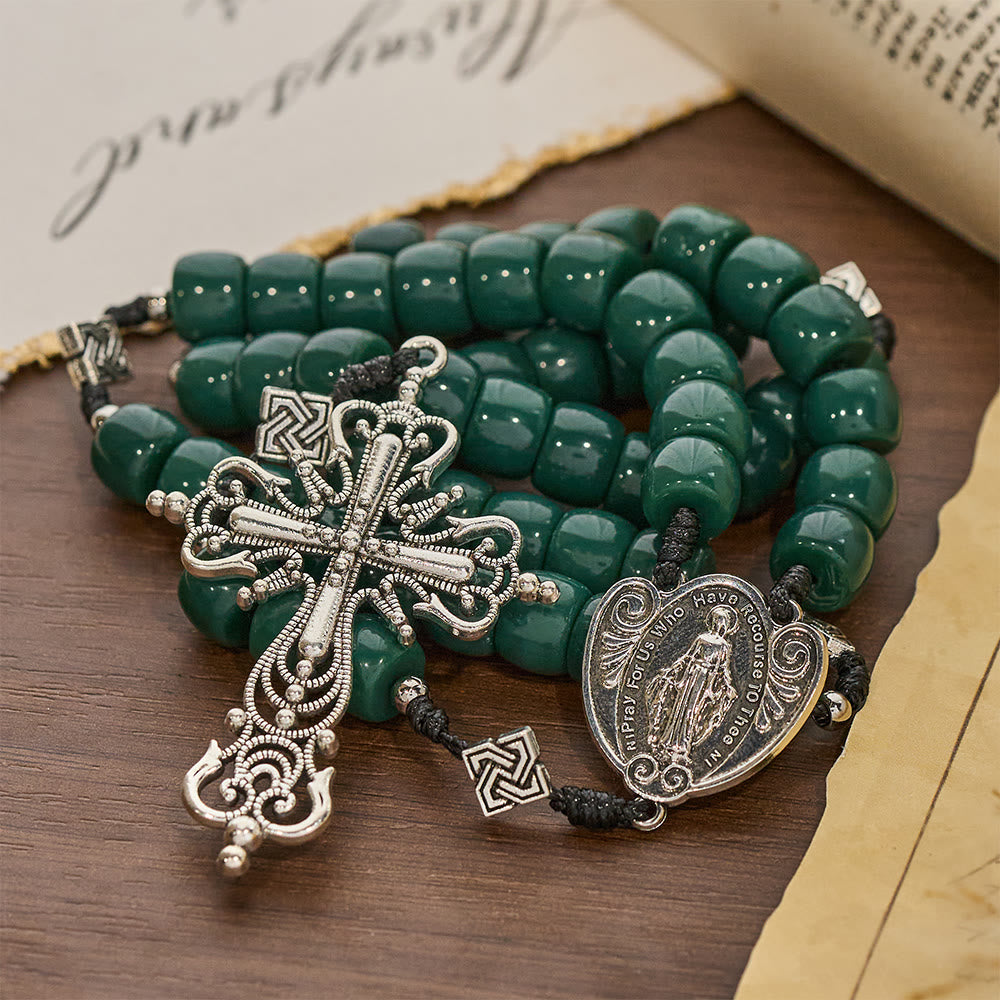 Christianartworkshop Vintage Celtic Knot Olive Green Rosary with Vintage Silver Crucifix - image 5