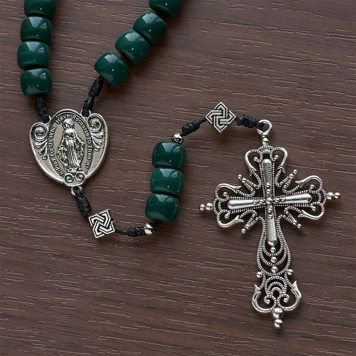 Christianartworkshop Vintage Celtic Knot Olive Green Rosary with Vintage Silver Crucifix - image 8