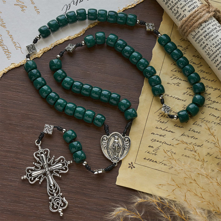 Christianartworkshop Vintage Celtic Knot Olive Green Rosary with Vintage Silver Crucifix - image 4