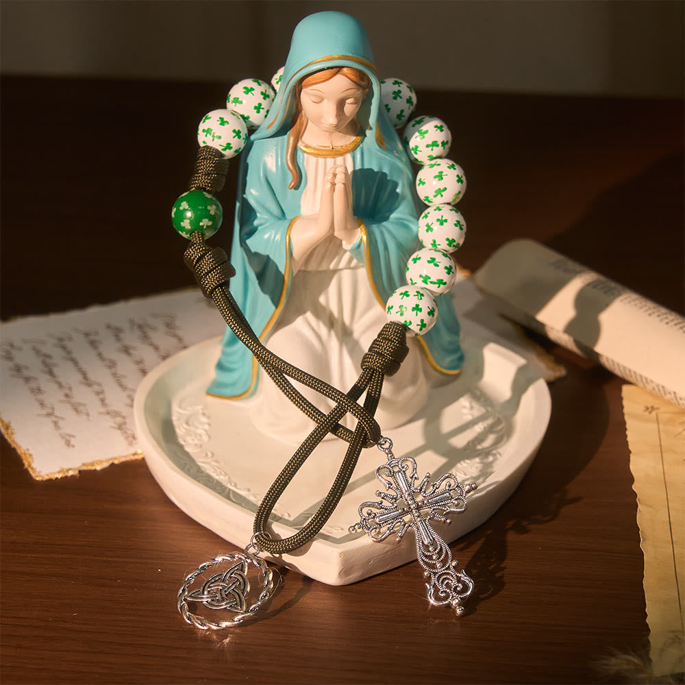 Christianartworkshop Irish Blessing Lucky Faith Pocket Rosary  with Eternal Knot Green White Wood Beads - image 6