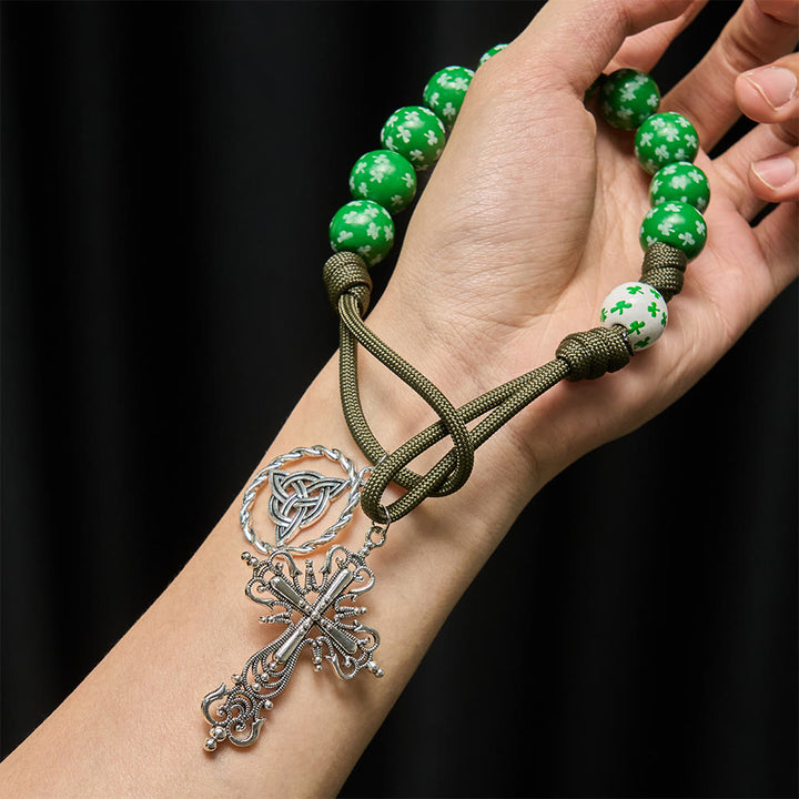 Christianartworkshop Irish Blessing Lucky Faith Pocket Rosary  with Eternal Knot Green White Wood Beads - image 2