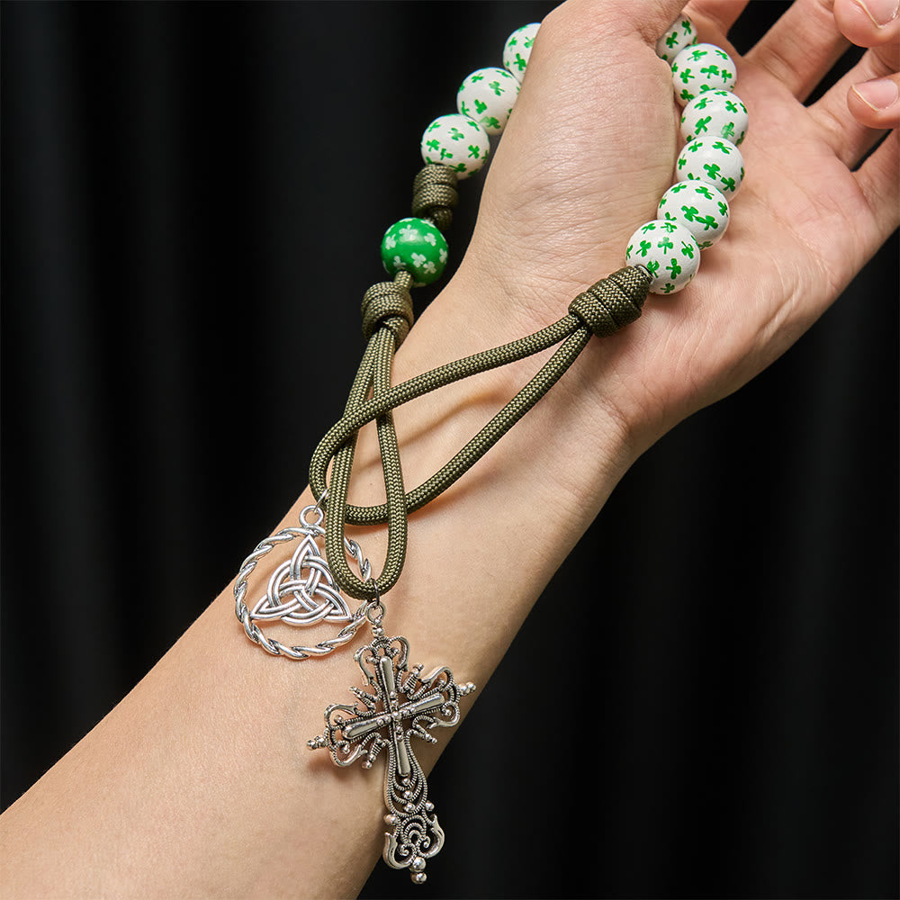 Christianartworkshop Irish Blessing Lucky Faith Pocket Rosary  with Eternal Knot Green White Wood Beads - image 1