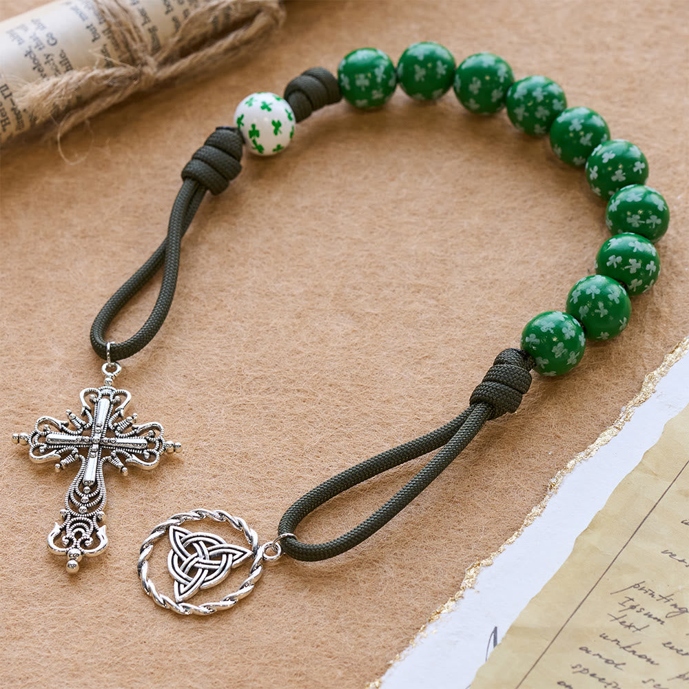Christianartworkshop Irish Blessing Lucky Faith Pocket Rosary  with Eternal Knot Green White Wood Beads - Green - image 8