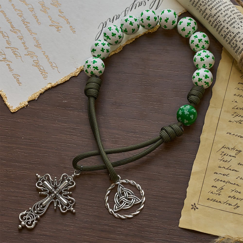 Christianartworkshop Irish Blessing Lucky Faith Pocket Rosary  with Eternal Knot Green White Wood Beads - image 5