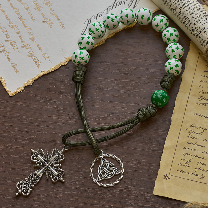 Christianartworkshop Irish Blessing Lucky Faith Pocket Rosary  with Eternal Knot Green White Wood Beads - image 5