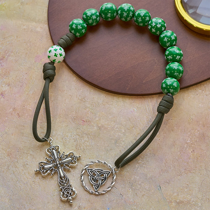 Christianartworkshop Irish Blessing Lucky Faith Pocket Rosary  with Eternal Knot Green White Wood Beads - image 9