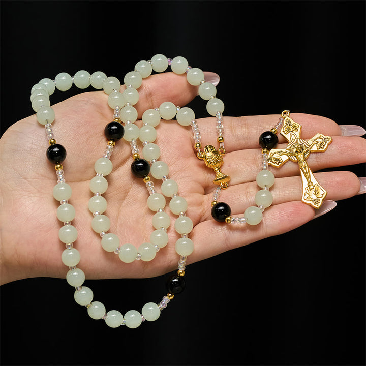Christianartworkshop Elegant Green & Black Obsidian Rosary with Golden Holy Chalice - Holy Chalice & Crucifix - image 0