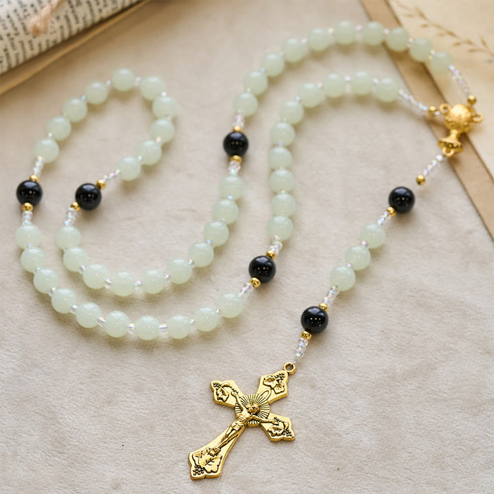 Christianartworkshop Elegant Green & Black Obsidian Rosary with Golden Holy Chalice - image 4