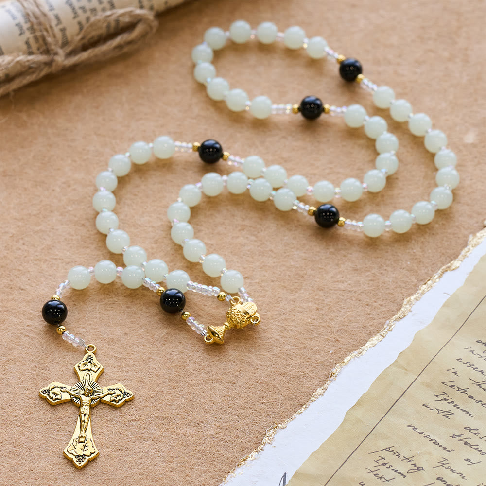 Christianartworkshop Elegant Green & Black Obsidian Rosary with Golden Holy Chalice - image 3