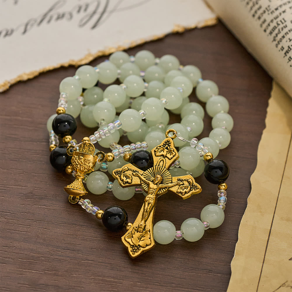 Christianartworkshop Elegant Green & Black Obsidian Rosary with Golden Holy Chalice - image 5