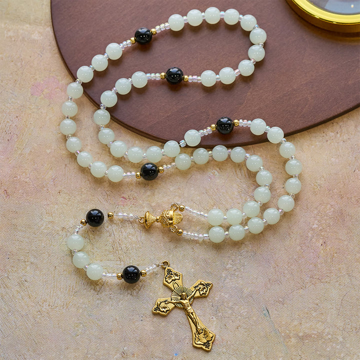 Christianartworkshop Elegant Green & Black Obsidian Rosary with Golden Holy Chalice - image 2