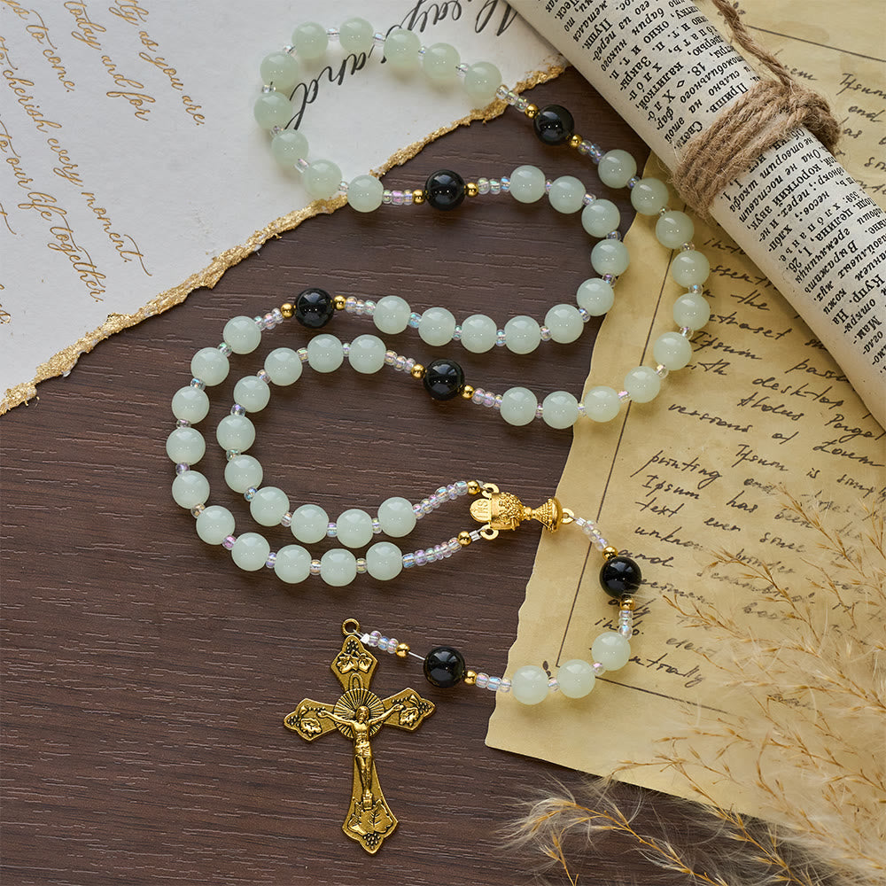 Christianartworkshop Elegant Green & Black Obsidian Rosary with Golden Holy Chalice - image 1