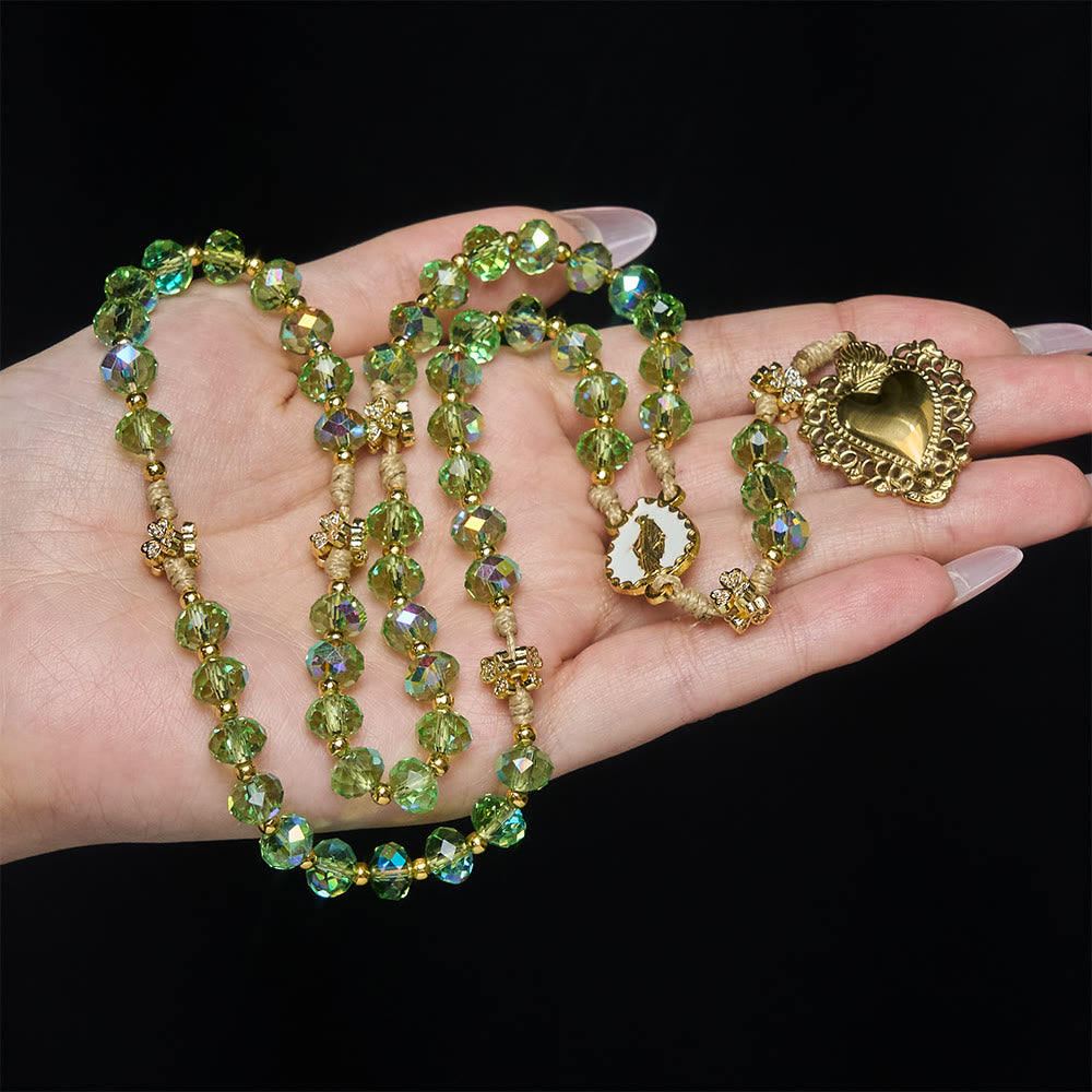 Christianartworkshop Lucky Clover & Sacred Heart Rosary with Green Iridescent Beads & Sacred Heart Medal - image 1