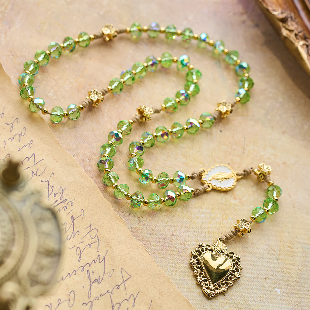 Christianartworkshop Lucky Clover & Sacred Heart Rosary with Green Iridescent Beads & Sacred Heart Medal - image 3