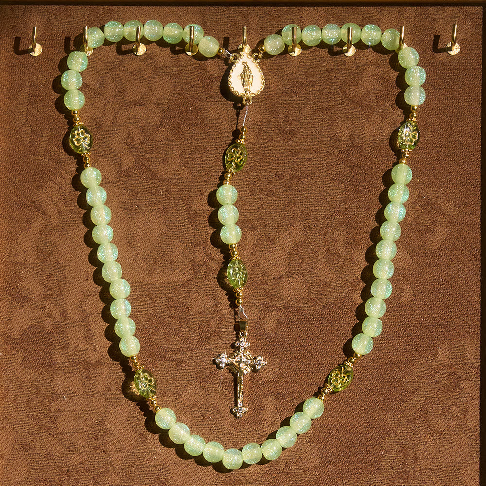 Christianartworkshop Celtic Blessing Cat's Eye Rosary:Lucky Shamrock with Golden Charm - image 1