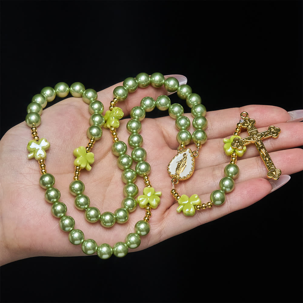 St. Patrick's Green Rosary - Ceramic Clover & Our Lady Center