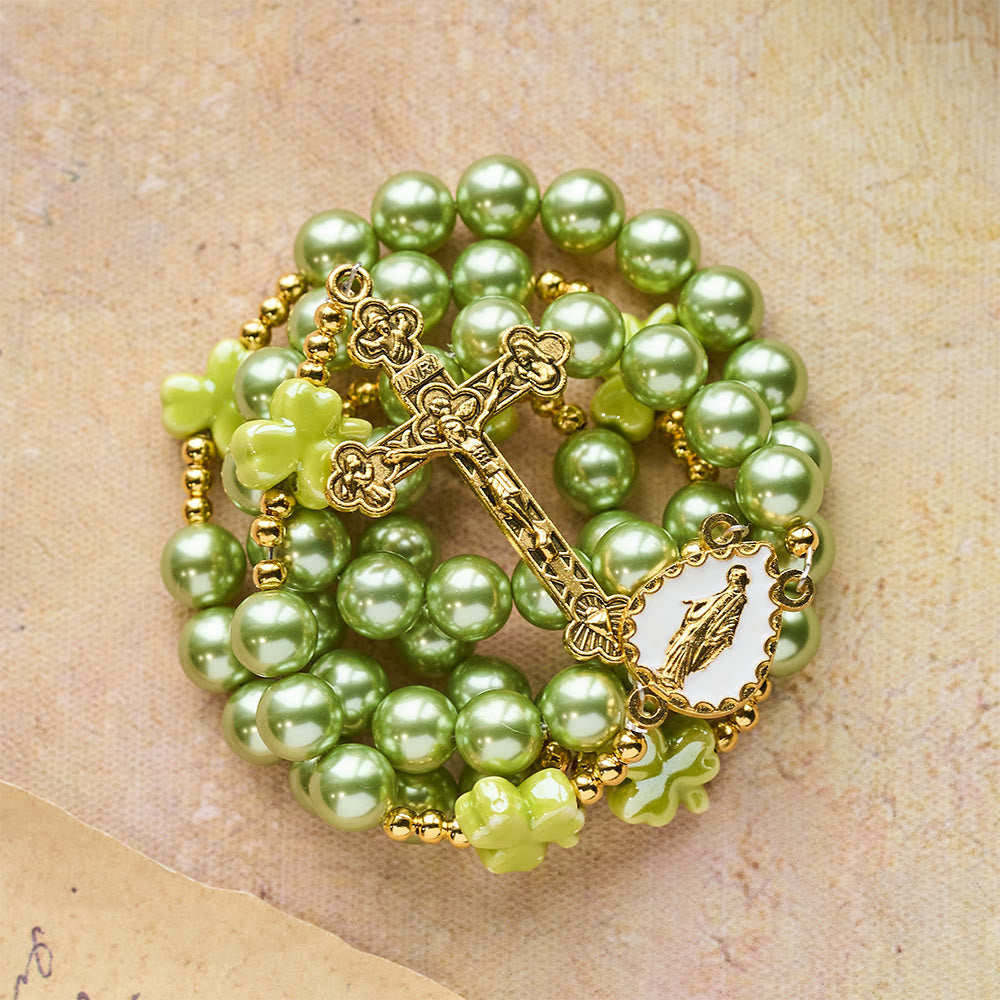 St. Patrick's Green Rosary - Ceramic Clover & Our Lady Center