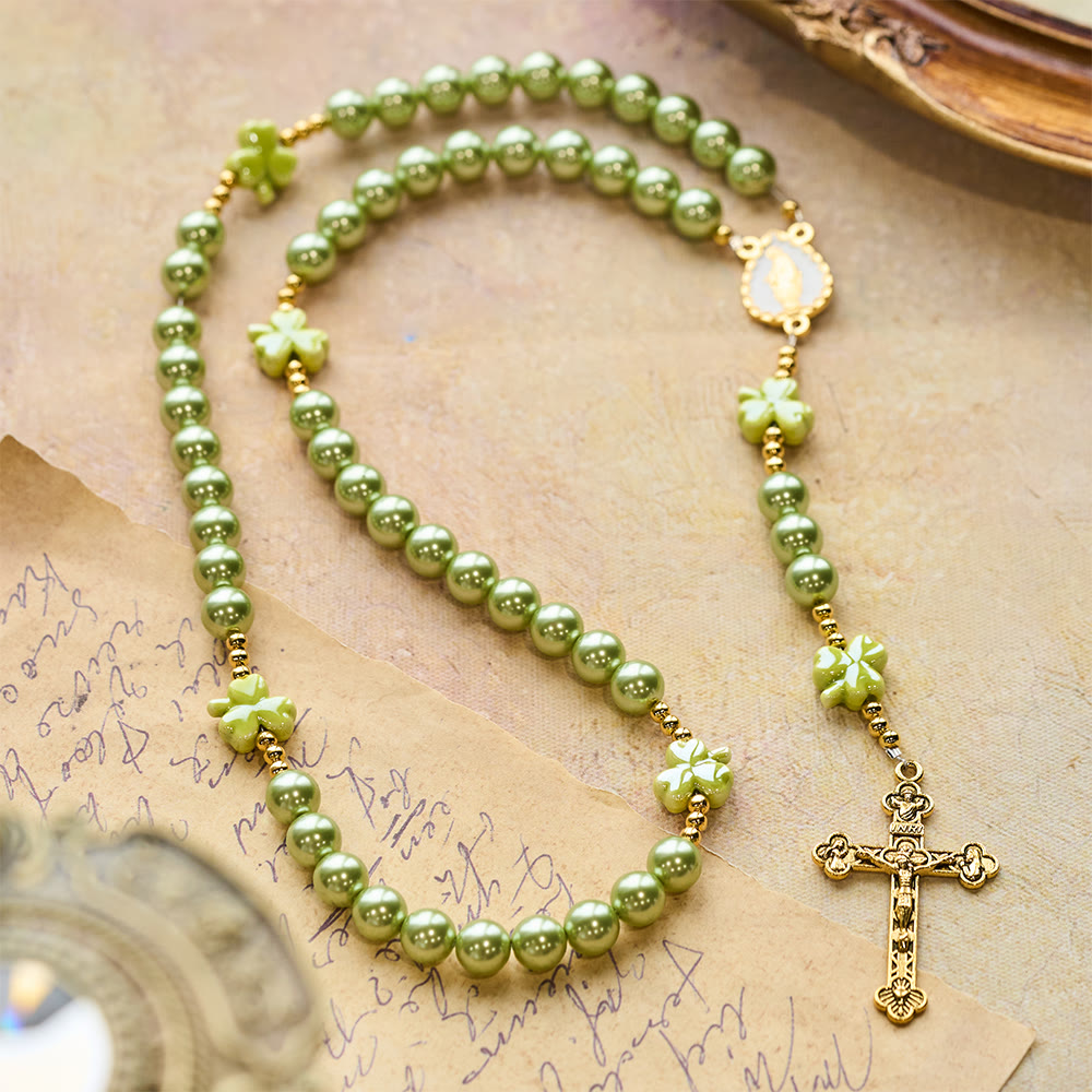 St. Patrick's Green Rosary - Ceramic Clover & Our Lady Center