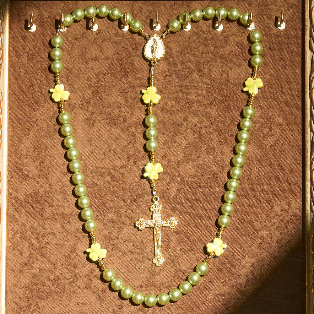 St. Patrick's Green Rosary - Ceramic Clover & Our Lady Center