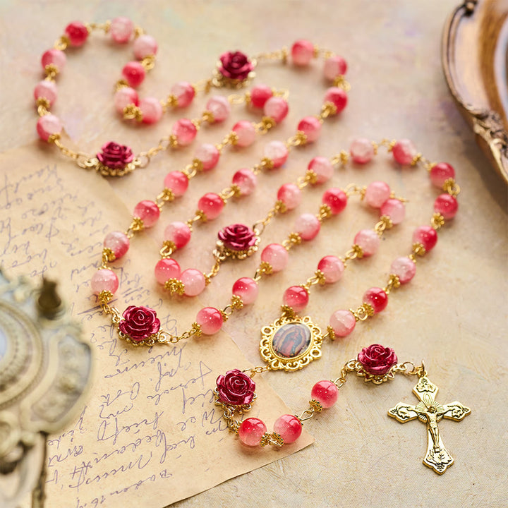 Christianartworkshop Gradient Red White Glass & Carved Rose Rosary with Golden Crucifix - image 4