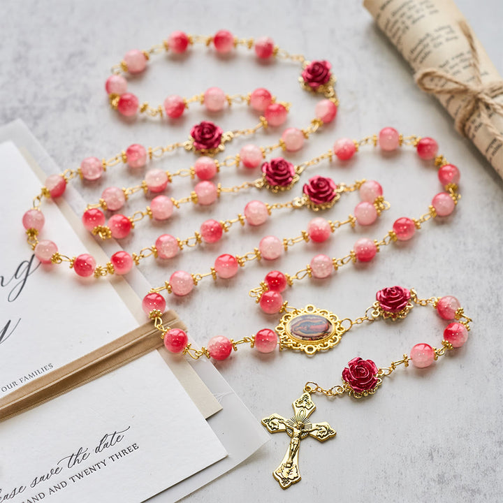 Christianartworkshop Gradient Red White Glass & Carved Rose Rosary with Golden Crucifix - image 3