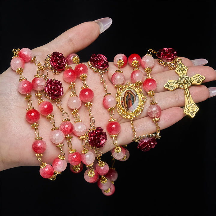 Christianartworkshop Gradient Red White Glass & Carved Rose Rosary with Golden Crucifix - image 1