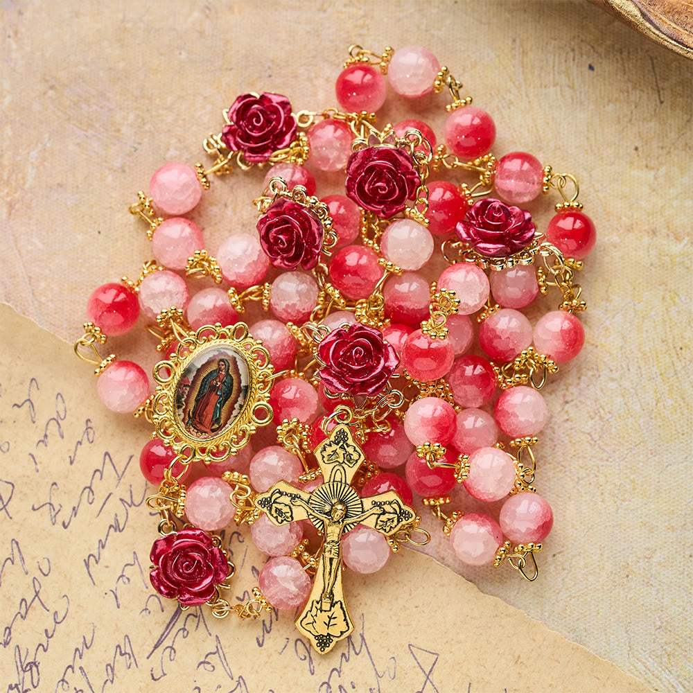 Christianartworkshop Gradient Red White Glass & Carved Rose Rosary with Golden Crucifix - image 5