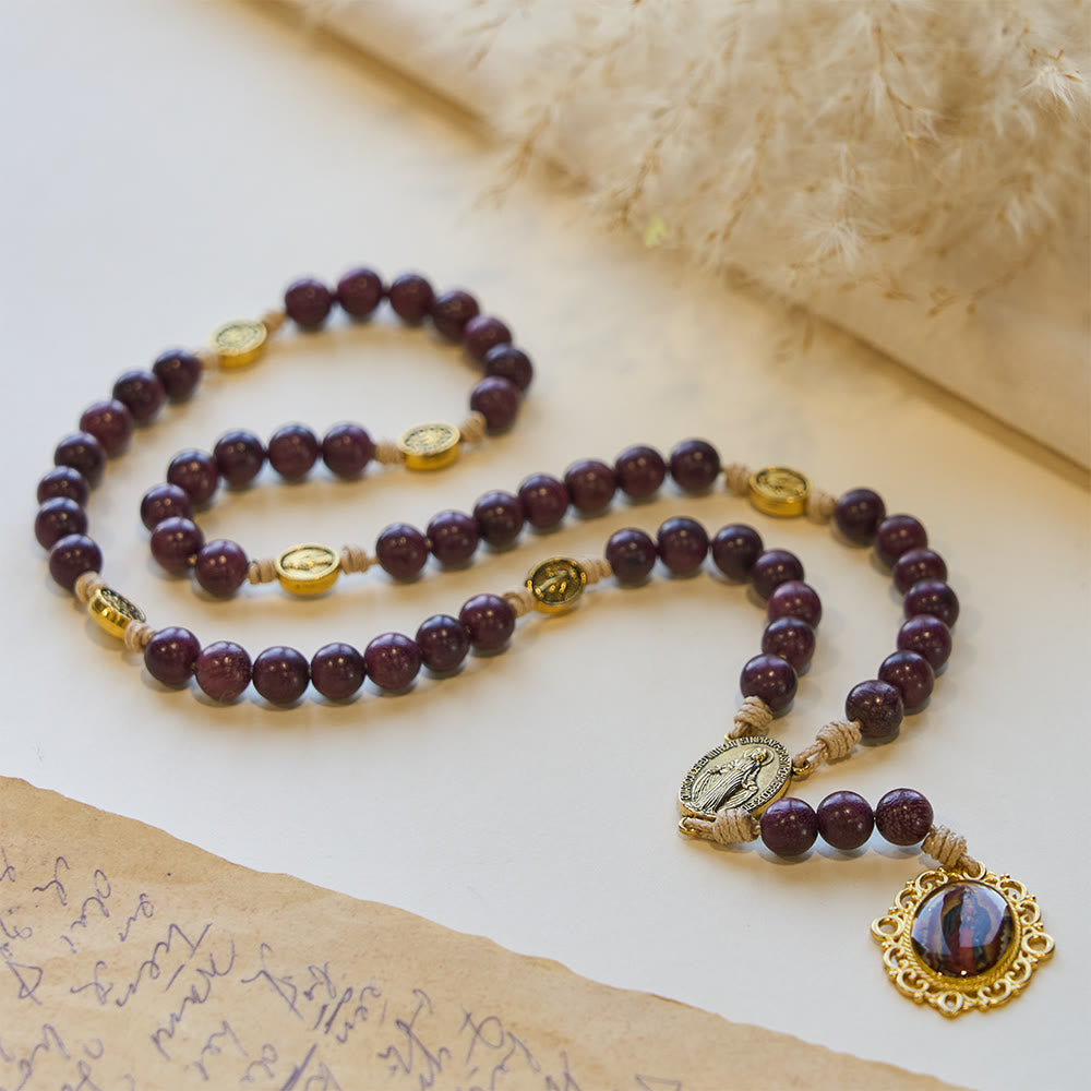 Christianartworkshop Purpleheart Wood Our Lady of Sorrows Rosary with Vintage Medal - image 2