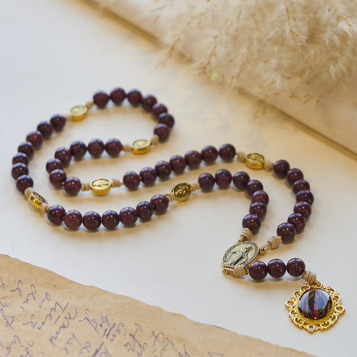 Christianartworkshop Purpleheart Wood Our Lady of Sorrows Rosary with Vintage Medal - image 2
