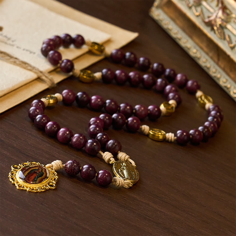 Christianartworkshop Purpleheart Wood Our Lady of Sorrows Rosary with Vintage Medal - image 4