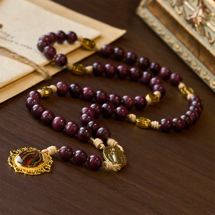 Christianartworkshop Purpleheart Wood Our Lady of Sorrows Rosary with Vintage Medal - image 4