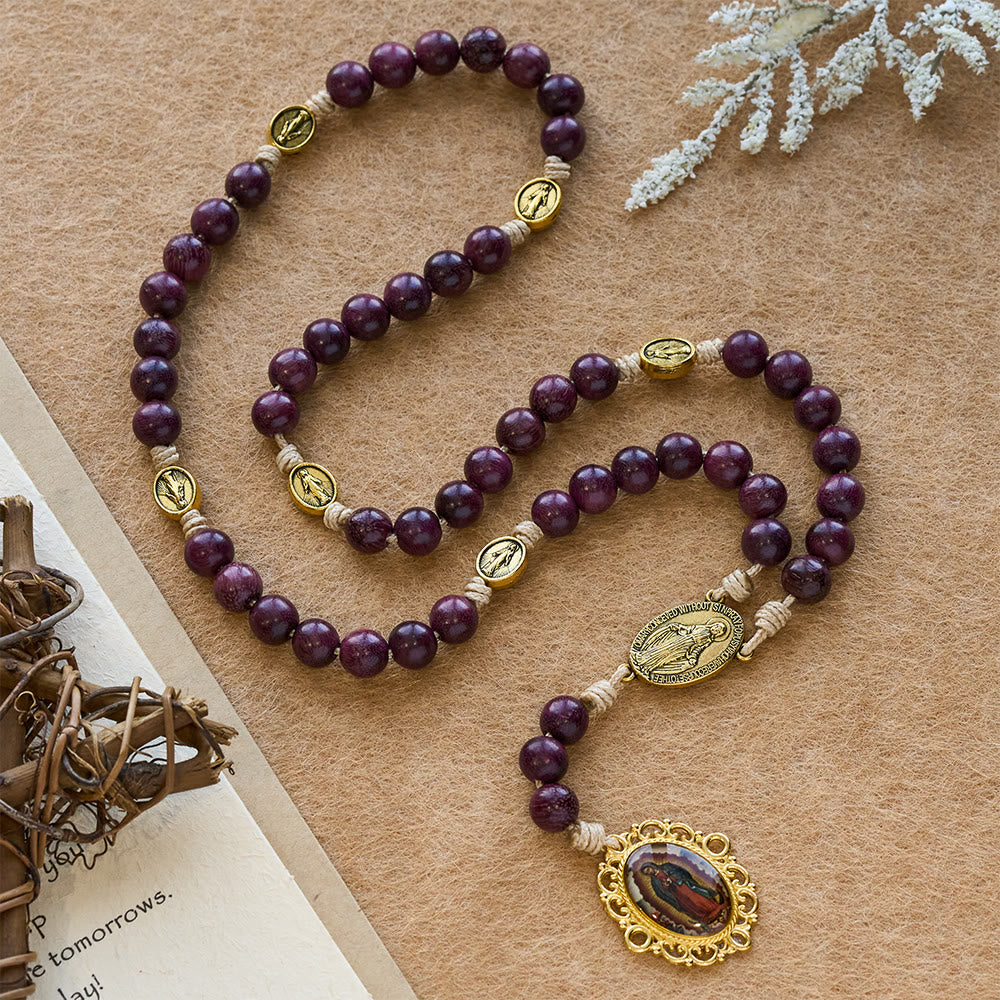 Christianartworkshop Purpleheart Wood Our Lady of Sorrows Rosary with Vintage Medal - Our Lady & Medal - image 0