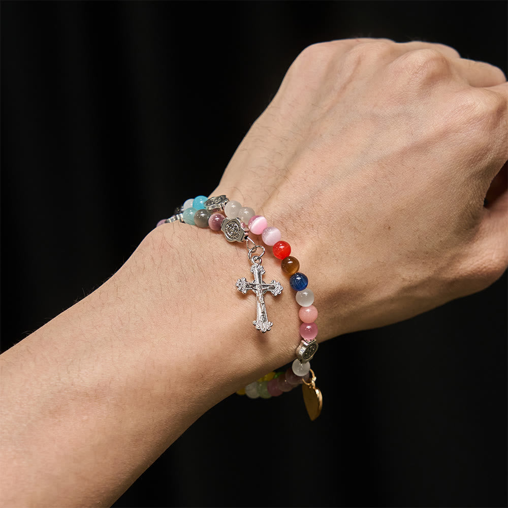 Christianartworkshop 6mm Multicolor Cat's Eye Memory Wire Rosary Bracelet with St. Benedict Accents - image 1