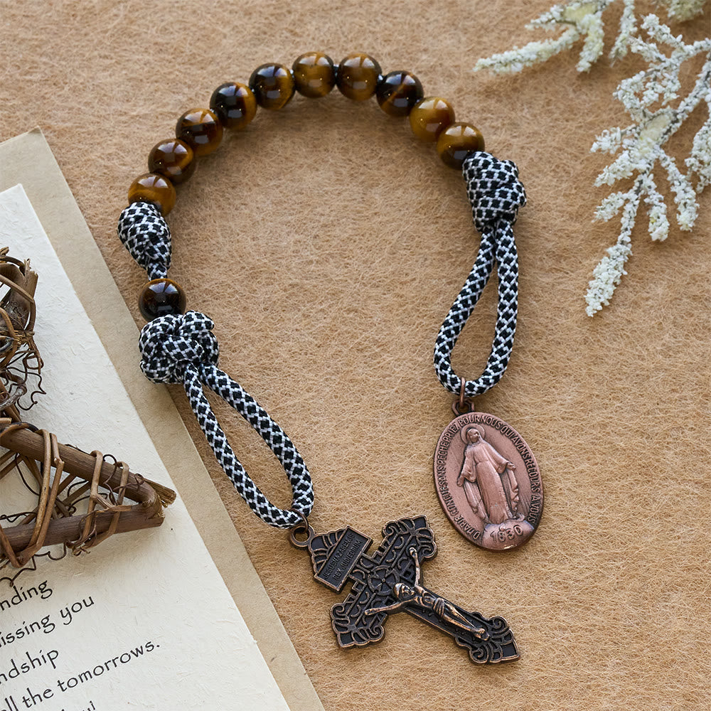Christianartworkshop Vintage Red Copper Our Lady & Tiger Eye Beads Pocket Rosary - Our Lady & Crucifix - image 0