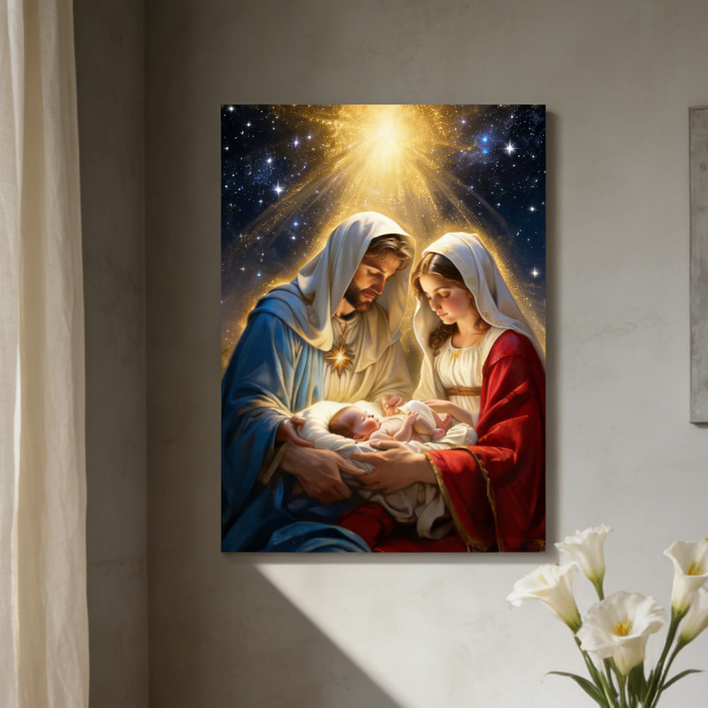 Christianartworkshop Holy Family Nativity Starlight Wall Art Print: A Symbol of Divine Hope and Peace - Framed Canvas Painting - 13.77"*19.58"*0.7"/35*50*1.8cm - image 0