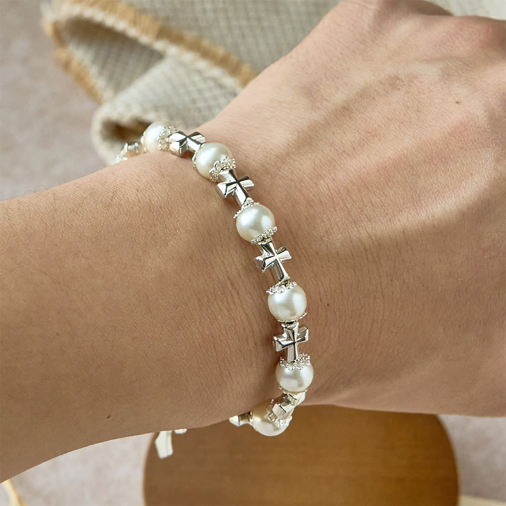Christianartworkshop Silver Cross Accent Beaded Bracelet: Embody the Grace of Prayerful Reflection - image 1