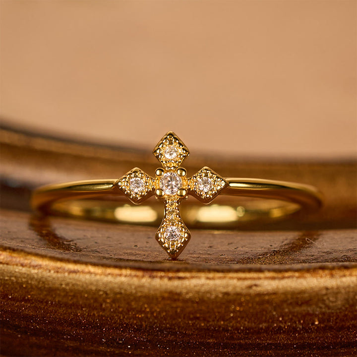 Christianartworkshop Zircon-Encrusted Cross Ring: Timeless Devotion in Golden, Silver, and Rosegold - Golden - US 10 - image 0
