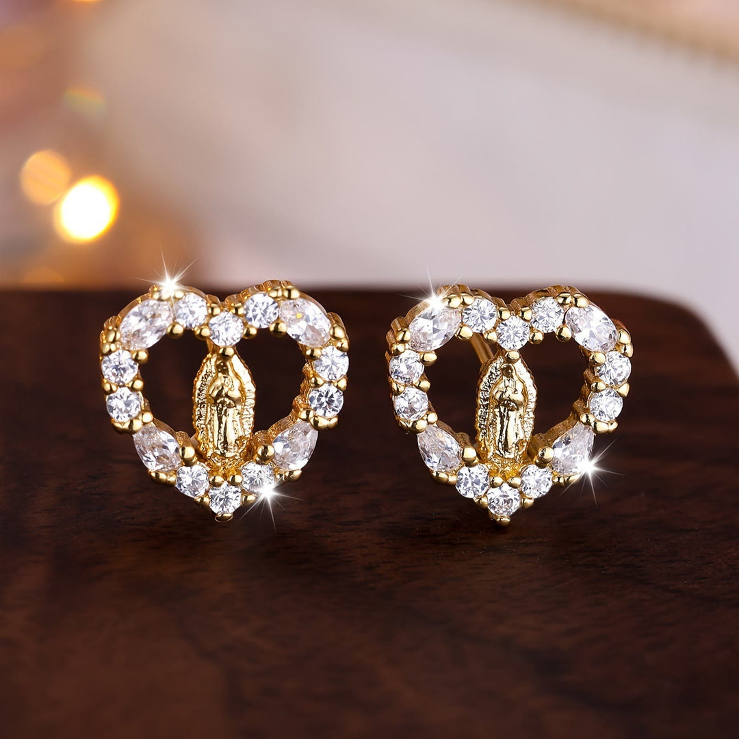 Christianartworkshop Heart-Shaped Our Lady Stud Earrings: Colorful Zircon & Clear Sparkling Styles - White - image 0