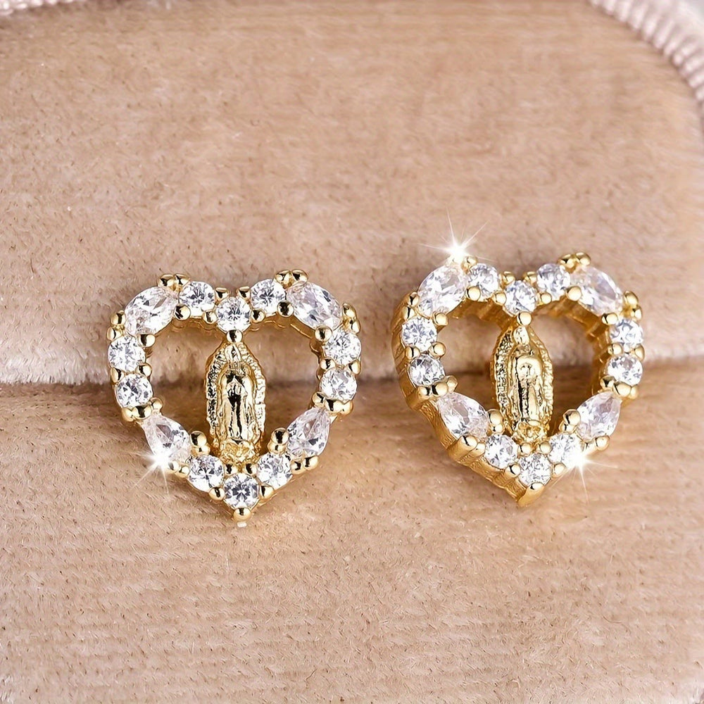 Christianartworkshop Heart-Shaped Our Lady Stud Earrings: Colorful Zircon & Clear Sparkling Styles - image 1