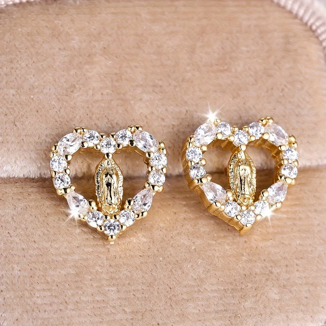 Christianartworkshop Heart-Shaped Our Lady Stud Earrings: Colorful Zircon & Clear Sparkling Styles - image 1