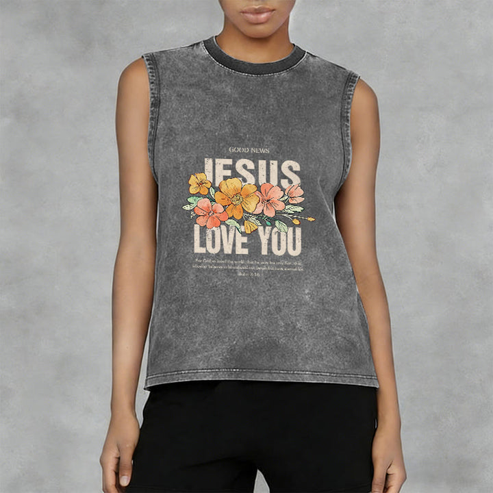 Christianartworkshop Jesus Loves You Floral Unisex Washed Tank Top - image 13