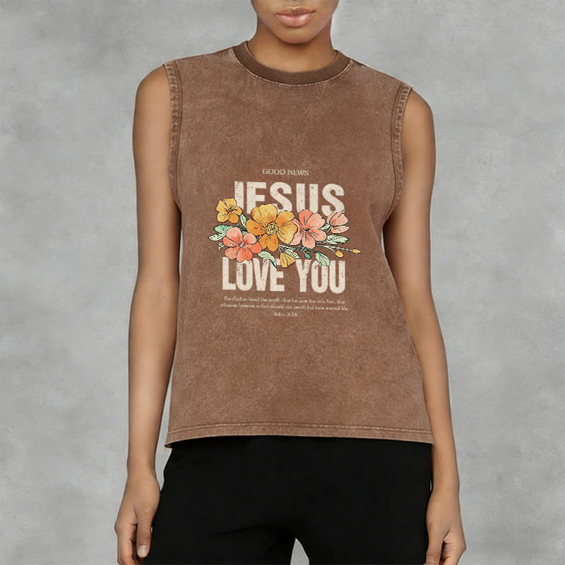 Christianartworkshop Jesus Loves You Floral Unisex Washed Tank Top - image 1