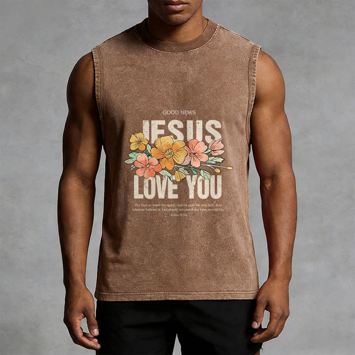 Christianartworkshop Jesus Loves You Floral Unisex Washed Tank Top - image 2
