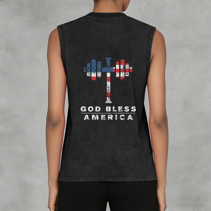 Christianartworkshop God Bless America Cross Dumbbell Unisex Washed Tank Top - image 2