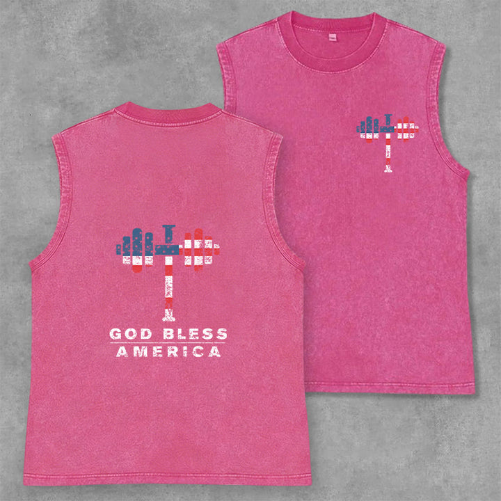 Christianartworkshop God Bless America Cross Dumbbell Unisex Washed Tank Top - Pink - 2XL - image 16