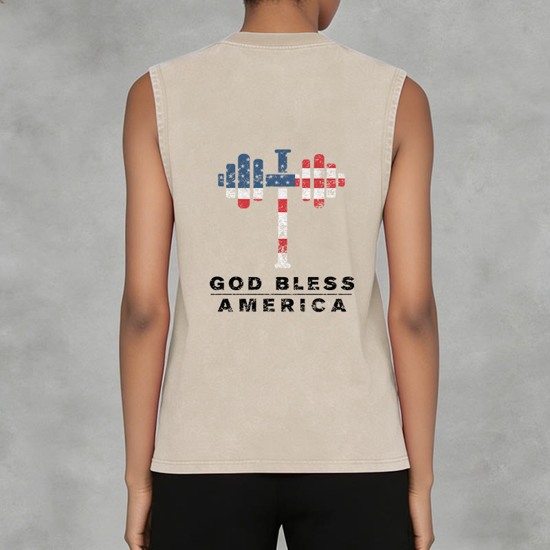 Christianartworkshop God Bless America Cross Dumbbell Unisex Washed Tank Top - image 11